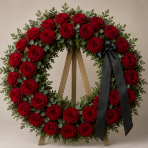 Coroană funerară rotundă cu trandafiri roșii și eucalipt – 70 cm
