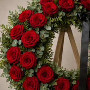 Coroană funerară rotundă cu trandafiri roșii și eucalipt – 70 cm